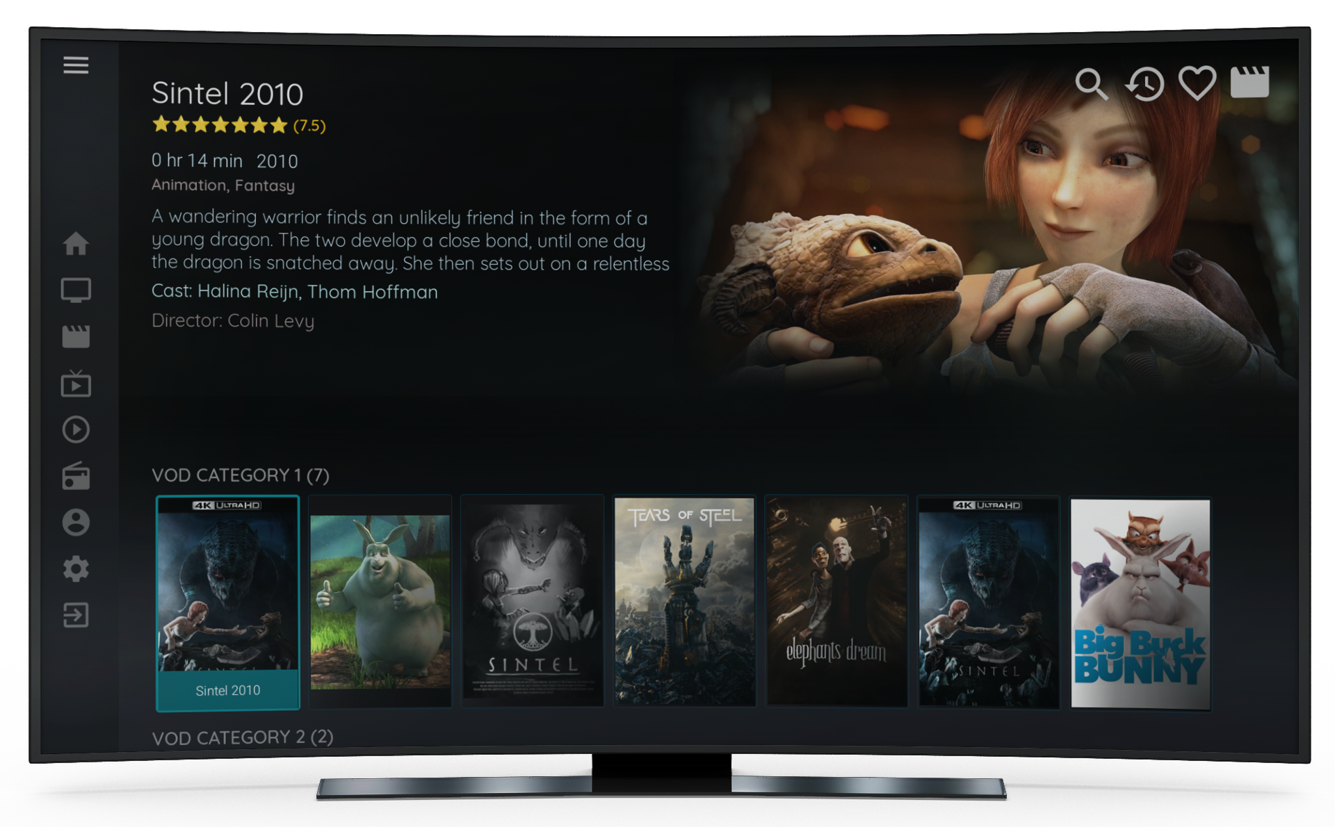 Ottrun Player showing a movie detail page and VOD categories on a TV